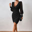Women's Sexy Lace Bodycon Dress, Long Sleeve V Neck Ruched Wrap Mini Dress For Cocktail Party Club Night