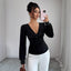 V-neck Pearl Solid Color Long Sleeved Fitted T-shirt Women