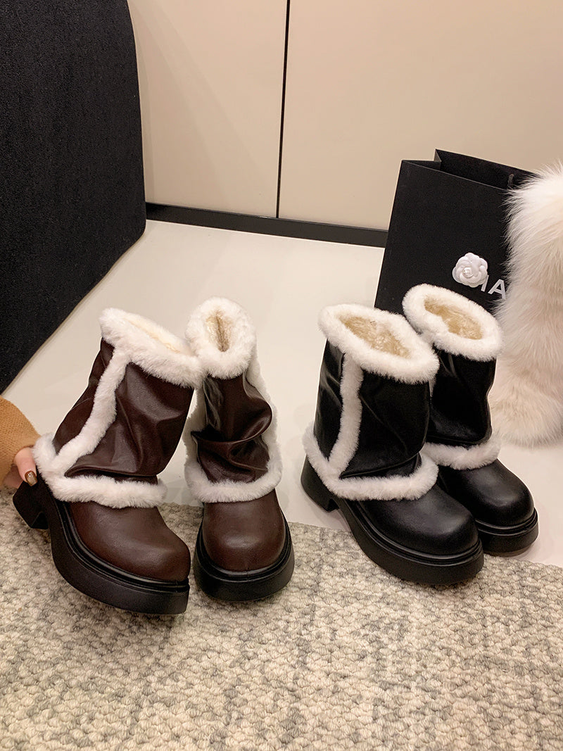 Women's Winter Faux Fur Lined Short Boots, Fashion Thick Bottom Ankle Booties With Warm Plush Trim For Casual Daily Wear