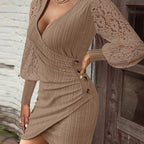 Women's Sexy Lace Bodycon Dress, Long Sleeve V Neck Ruched Wrap Mini Dress For Cocktail Party Club Night