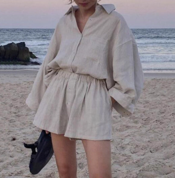 Women's Linen Shorts Suit Lapel Shirt