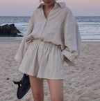 Women's Linen Shorts Suit Lapel Shirt