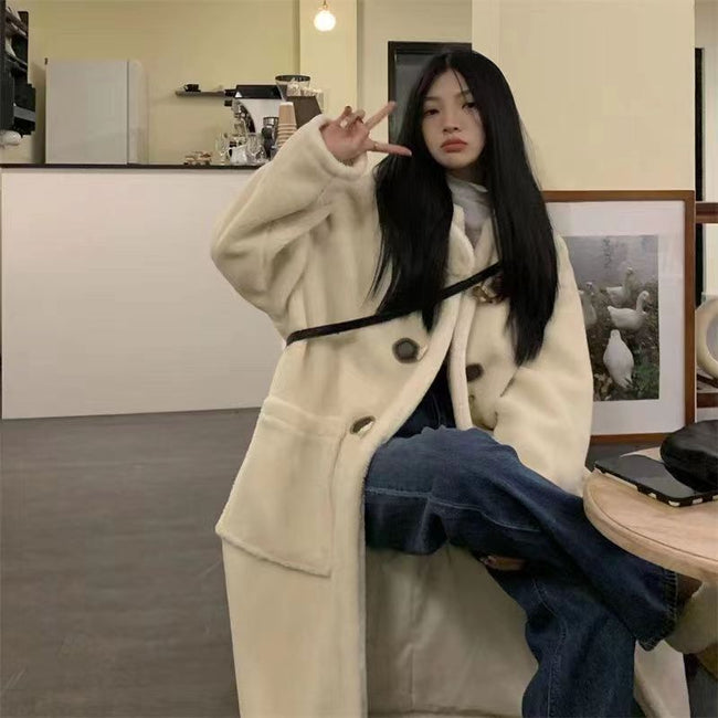 Mid-length Horn Button Lamb Wool Coat For Women Main Image