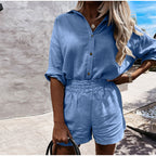 Women's Linen Shorts Suit Lapel Shirt