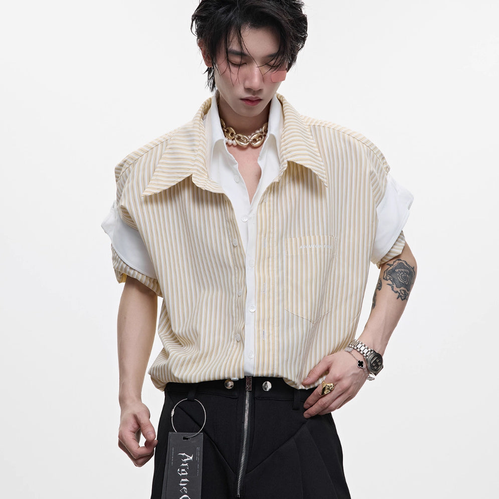 College Blue Striped Shirt Fake Two Pieces Short Sleeve Cardigan