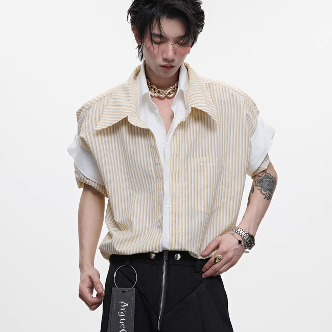 College Blue Striped Shirt Fake Two Pieces Short Sleeve Cardigan Hover Image