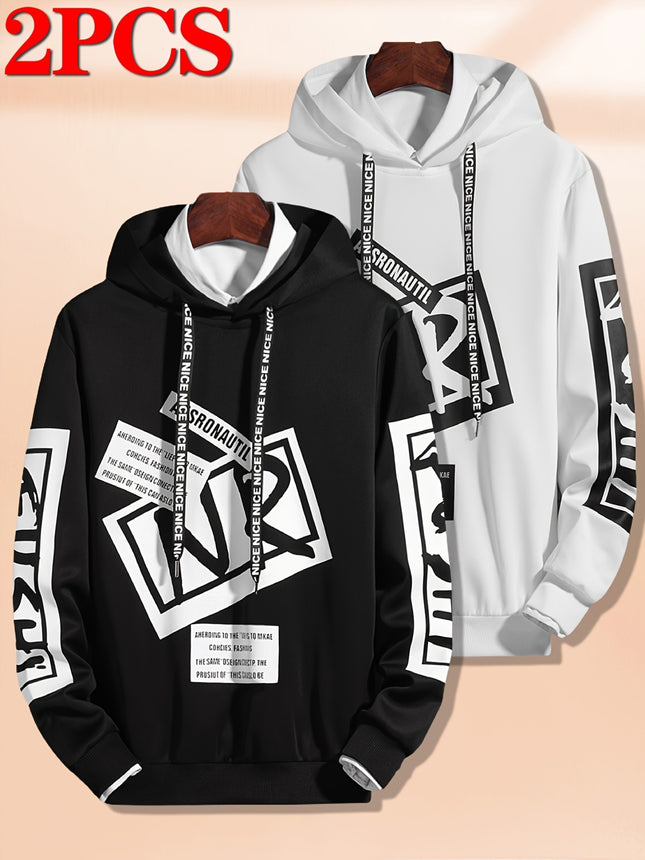 2 Pack Mens Casual Hooded Sweatshirts Alphabet Pattern