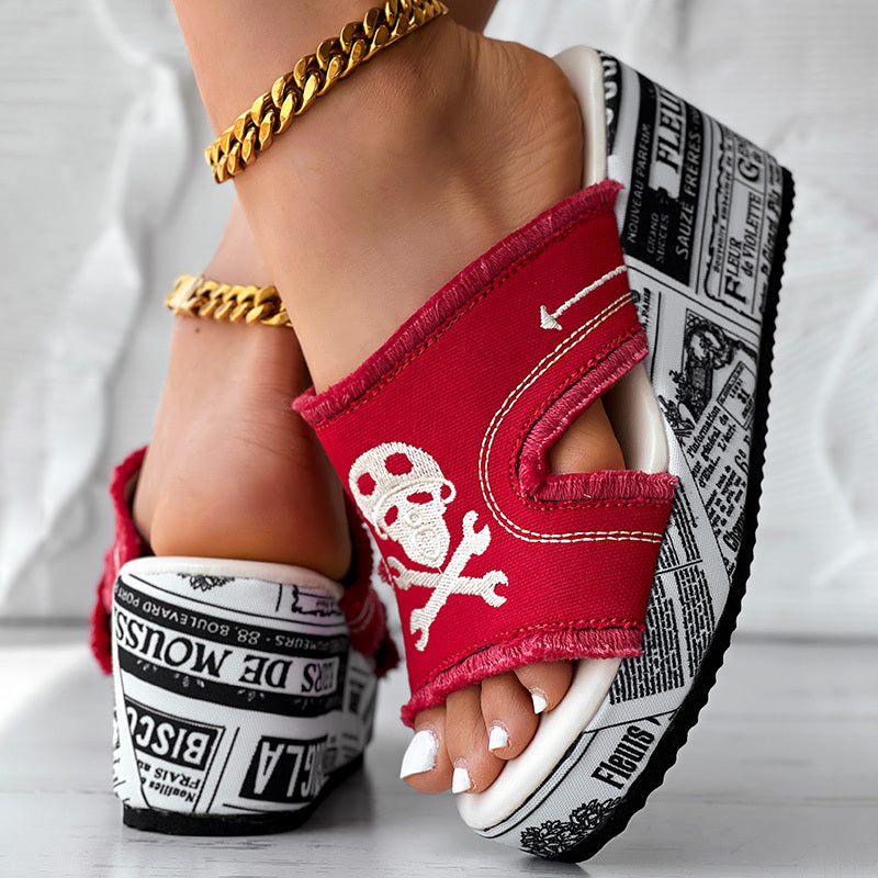 Newspaper Skull Original Hem Platform Wedge Slides - Anklet Not Included