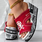 Newspaper Skull Original Hem Platform Wedge Slides - Anklet Not Included
