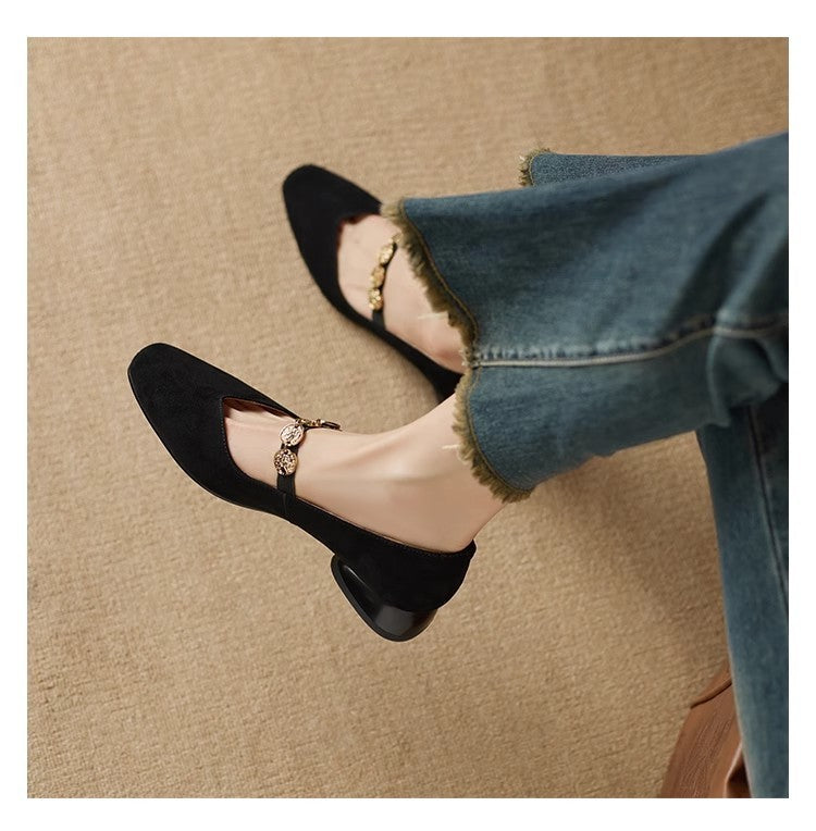 French Retro Square Toe Low-cut Suede Pumps Women's Autumn New