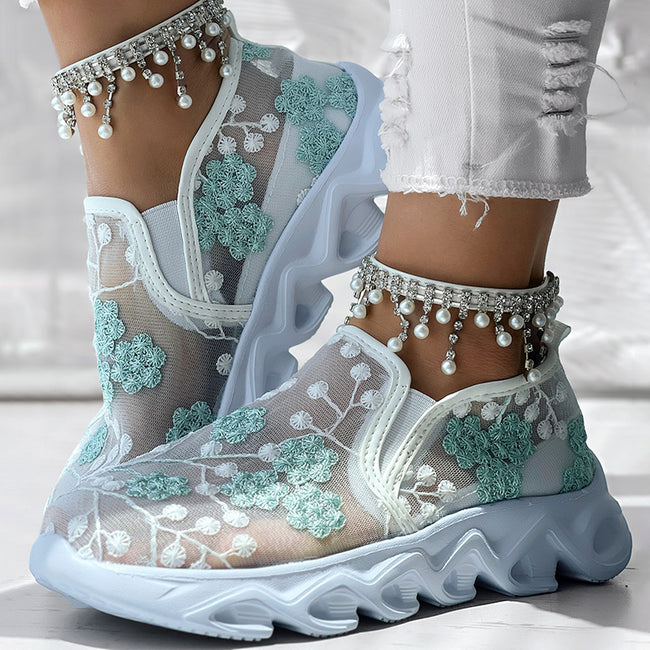 Contrast Glitter Transparent Mesh Patch Breathable Sneakers - Without Ankle Strap Hover Image