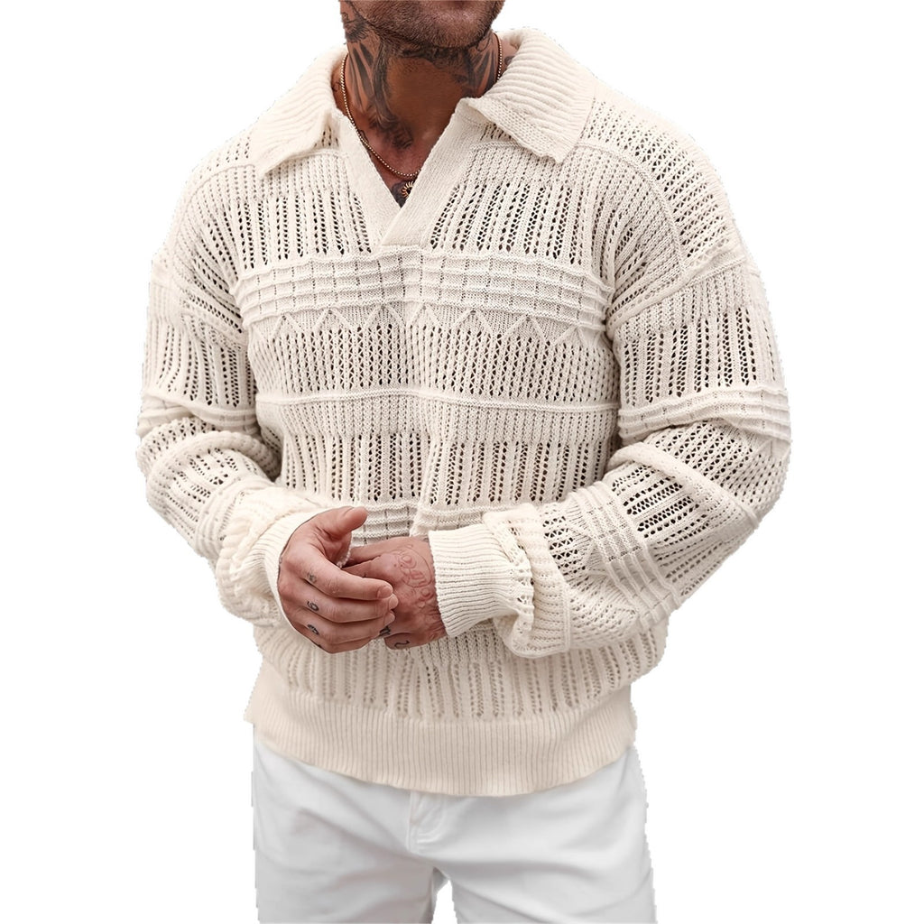 Men's Solid Color V-neck Street-like Lapel Hollow Knitwear