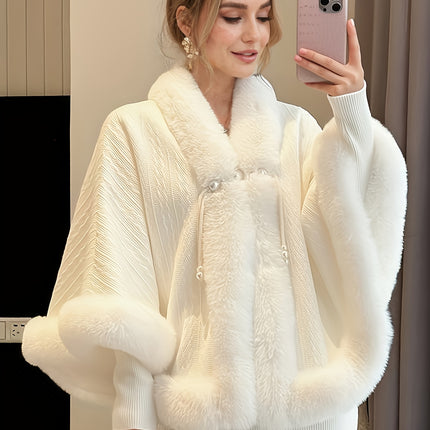 Elegant Plush Faux Fur Trim Cape Shawl Coat Winter Warmth
