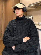 Japanese-style Retro Green Jacquard Turtleneck Sweater