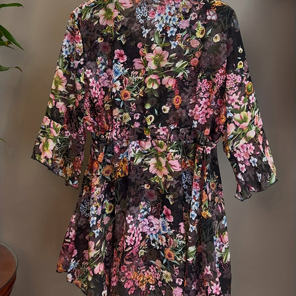 Floral Chiffon Top With Drawstring Waist Loose Fit