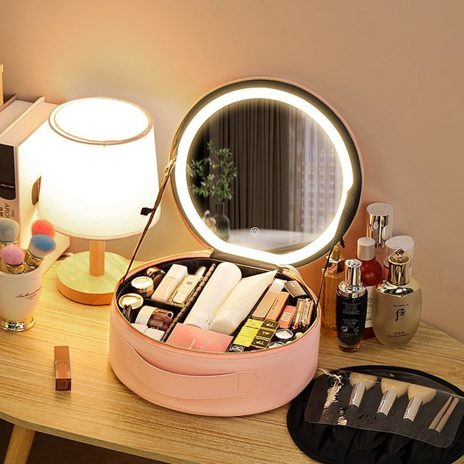 Round Smart LED Makeup Bag With Mirror Lights Women Beauty Bag Large Capacity PU Leather Travel Organizers Cosmetic Case Main Image
