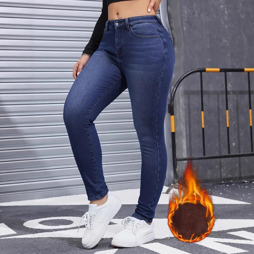 Autumn And Winter Brushed Womenswear Elastic Skinny Jeans