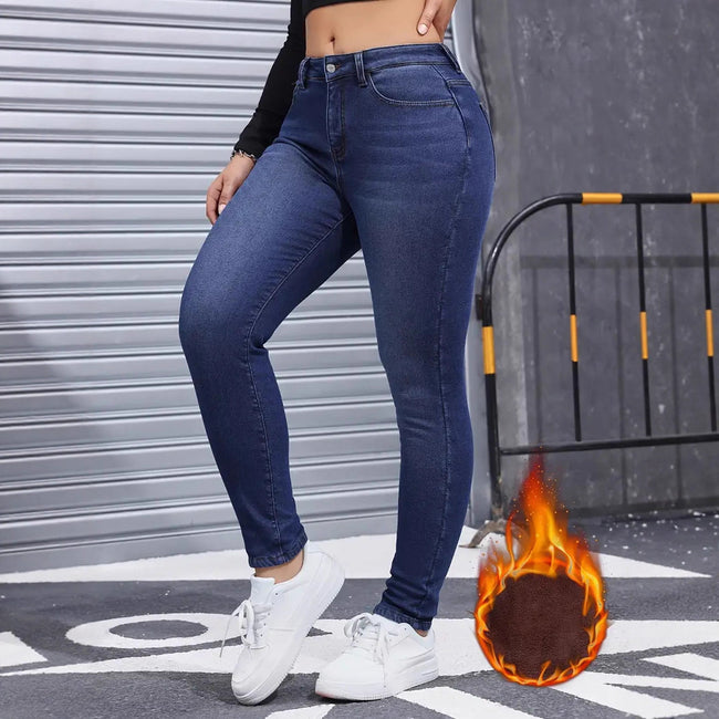 Autumn And Winter Brushed Womenswear Elastic Skinny Jeans Hover Image