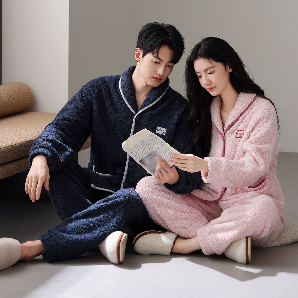 Flannel Thick Warm Long Sleeves Coral Fleece Couple Pajamas Suit