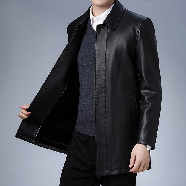 Lapel Leather Coat Men's Fleece Padded Leather Jacket Main Image