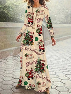 Santa Claus Printed Round Neck Long Sleeve Elegant Dress
