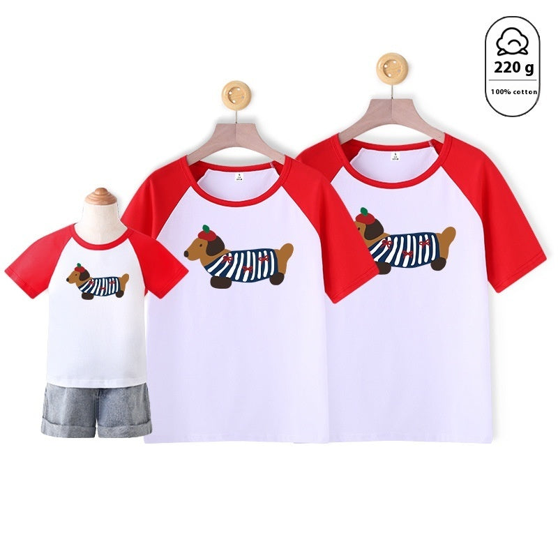 Dog Western Style Mother-daughter Matching Outfit Cotton Short Sleeve Contrast Color Korean Style