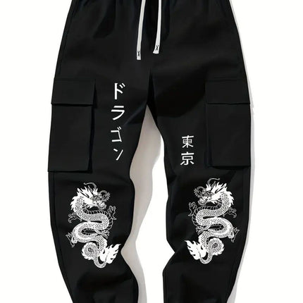 Mens Cargo Pants Dragon Pattern Print Tapered Style Casual