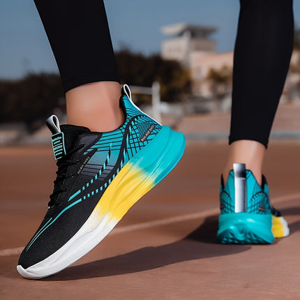 Mens Stylish Black Teal Yellow Running Shoes Lace Up Casual