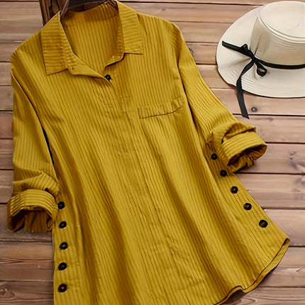 Solid Side Button Blouse With Boho Collar Rollable Sleeve