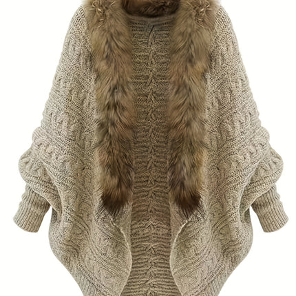 Womens Cozy Cardigan V Neck With Faux Fur Collar Beige