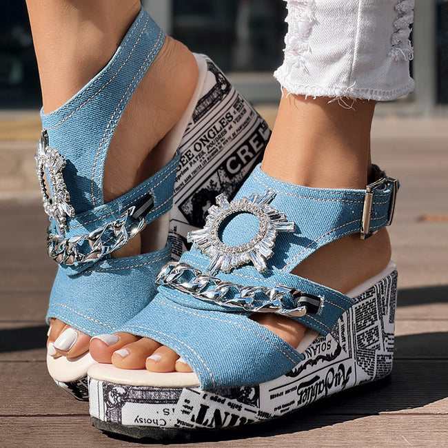 Newspaper Buckle Denim Wedge Slides - Anklet Not Included Main Image
