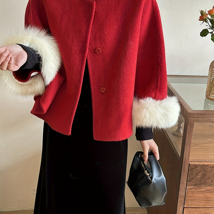 Women's Chic Vintage Coat Wool Outerwear Fox Fur Trim