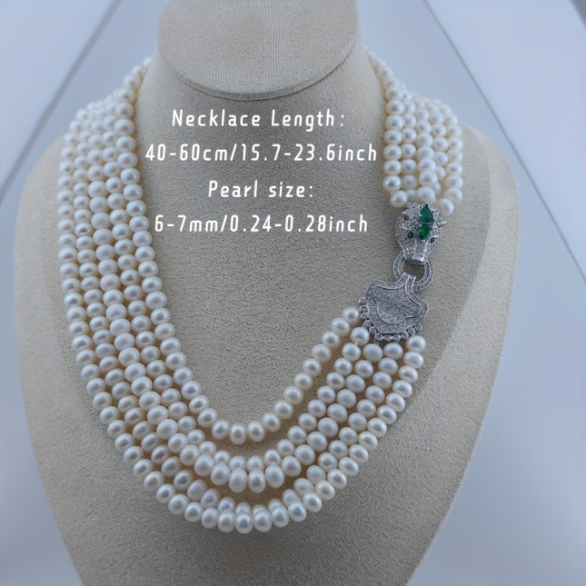 Mens Multilayer Freshwater Pearl Necklace Leopard Clasp
