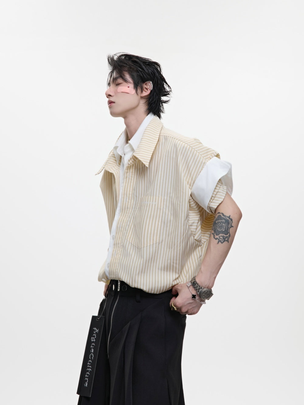 College Blue Striped Shirt Fake Two Pieces Short Sleeve Cardigan