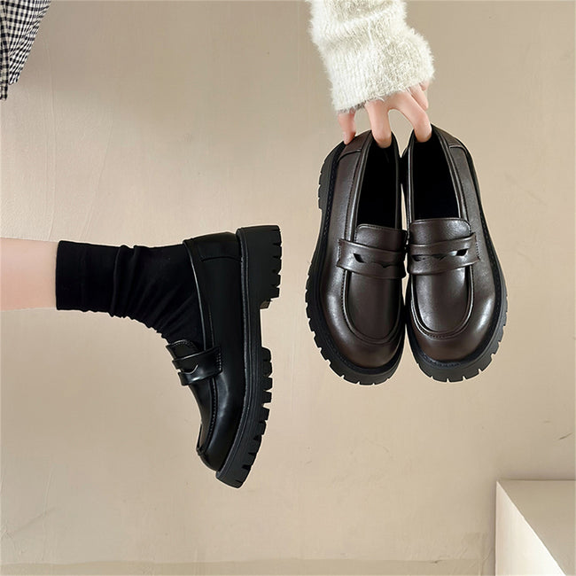 New Chunky Heel Platform British Style Leather Shoes Women Hover Image