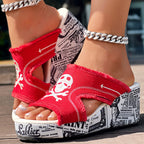 Newspaper Skull Original Hem Platform Wedge Slides - Anklet Not Included