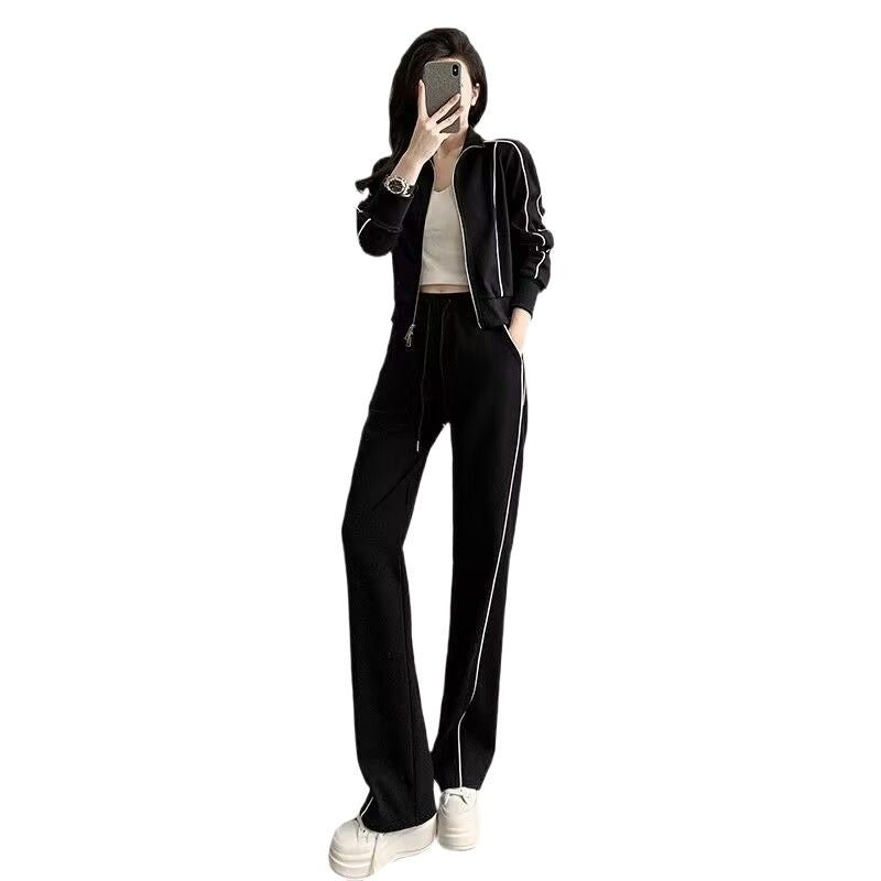 Trend Slimming And Short Zipper Sweater Wide Leg Trousers Two-piece Set
