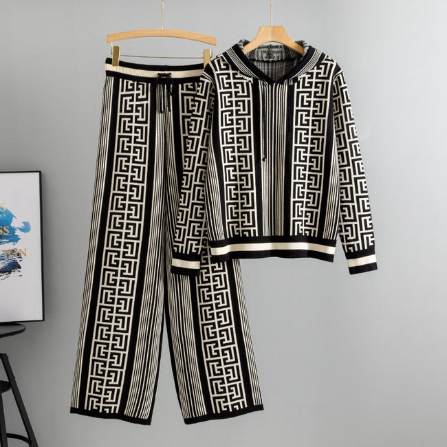 Temperament Hooded Sweater Younger Pullover Wide Leg Pants Knitting Suit Hover Image