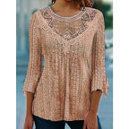 2023 Summer New Comfortable Leisure Hollow Out Perspective Lace Splicing Seven Quarter Sleeve Top