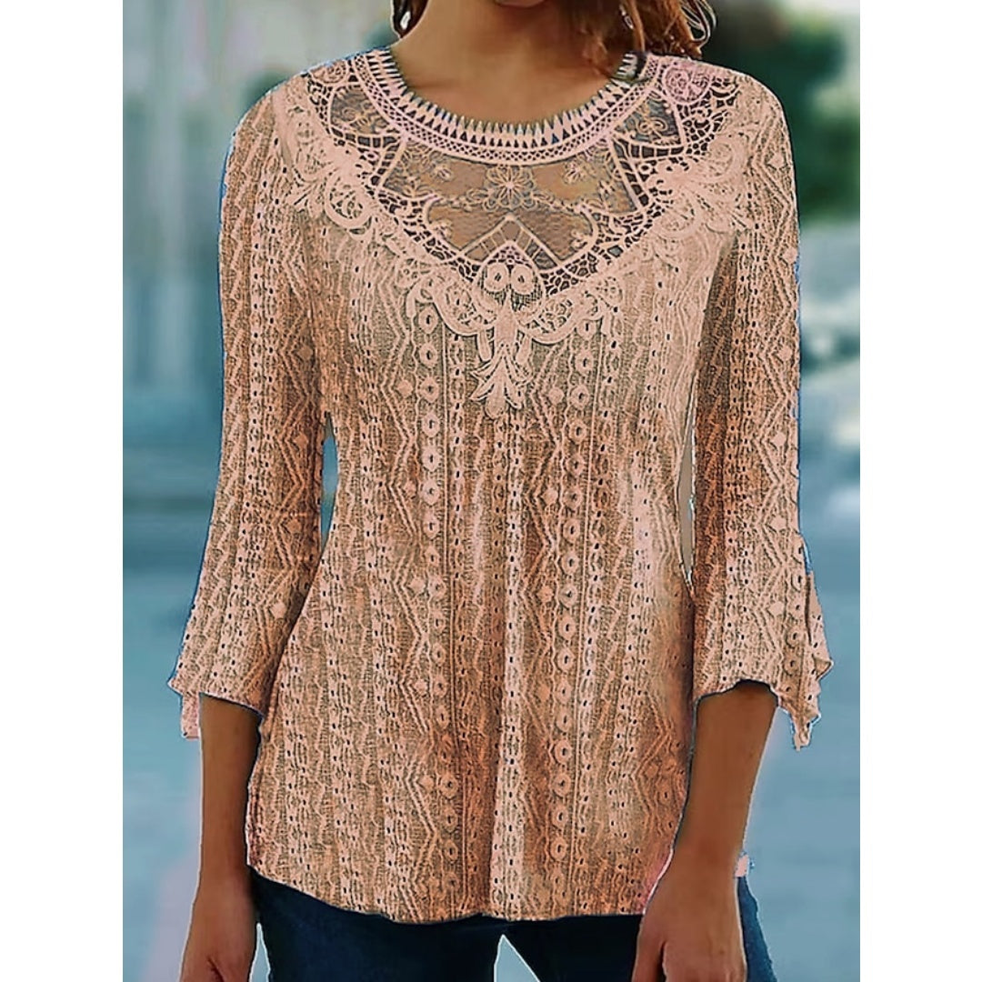 2023 Summer New Comfortable Leisure Hollow Out Perspective Lace Splicing Seven Quarter Sleeve Top