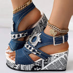 Newspaper Buckle Denim Wedge Slides - Anklet Not Included