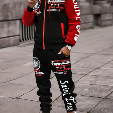 Mens Bold Print Urban Streetwear Hoodie Pants Set Black Red