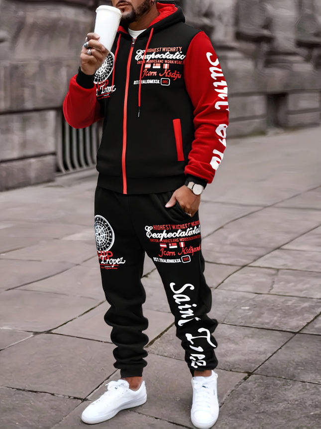 Mens Bold Print Urban Streetwear Hoodie Pants Set Black Red