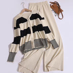 Korean Style Western Style Youthful-looking Striped V-neck Knitted Cardigan Wide Leg Pants Fashion Two-piece Suit