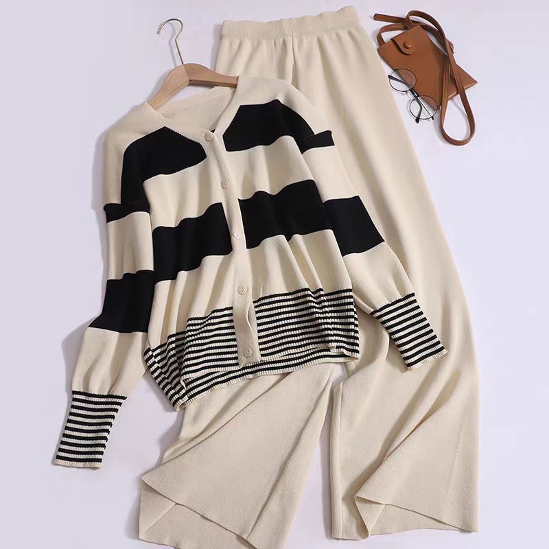 Korean Style Western Style Youthful-looking Striped V-neck Knitted Cardigan Wide Leg Pants Fashion Two-piece Suit