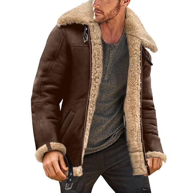 Winter Fur Integrated Thickened Zipper Faux Leather Men's Jacket Hover Image