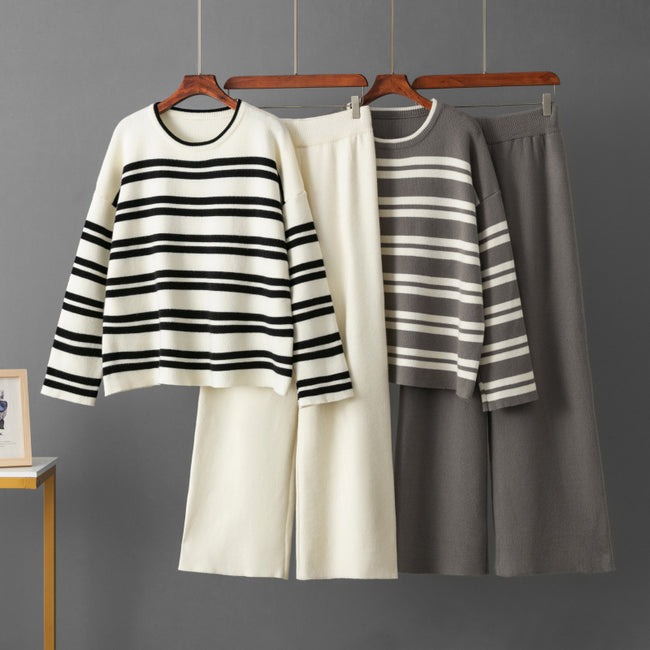 Casual Striped Loose Sweater Wide Leg Pants Two-piece Set Main Image