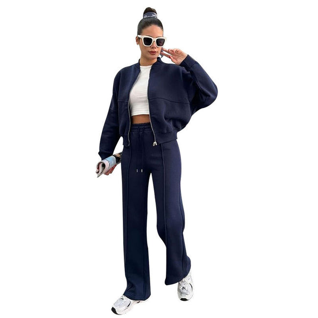 Fleece Zipper Cardigan Women's Clothes Fashion Casual Straight Pants Suit Main Image