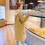 All-matching Cotton-padded Women's Over-the-knee Rhombus Plaid Loose Plus Size Hooded Jacket