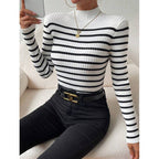 Fashion Long Sleeve Sunken Stripe Turtleneck Casual Slim Striped Sweater